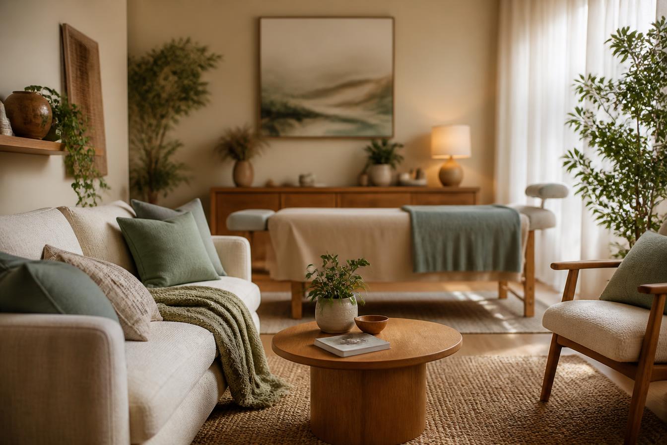 A calm, welcoming therapy and wellness room with soft natural light, plants, and comfortable seating.
